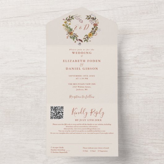 Invitation Tout En Un Automne Automne Rustique Floral QR Code Mariage (À l'intérieur)