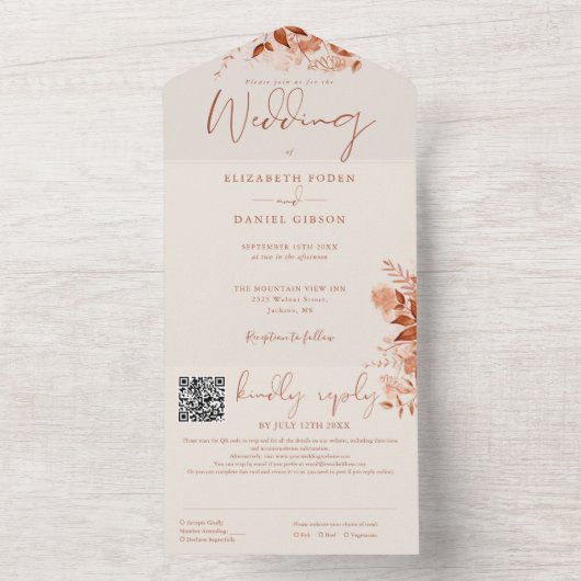 Invitation Tout En Un Automne Automne Rustique Floral QR Code Mariage (À l'intérieur)