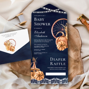 Invitation Tout En Un Automne Boho Citrouille Marine Baby shower bleu