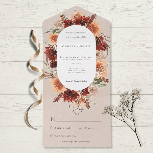 Invitation Tout En Un Automne Boho Rust Peach Floral Oval Beige Non Dîne