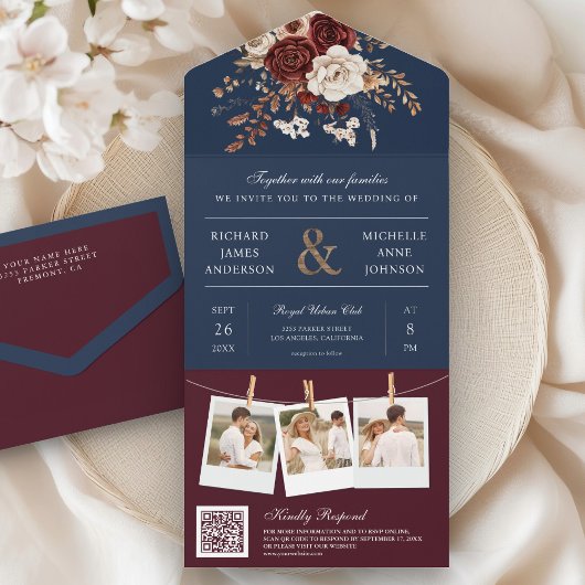Invitation Tout En Un Automne Bourgogne Floral QR Code Marine Mariage