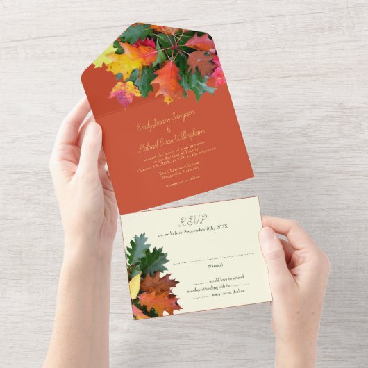 Invitation Tout En Un Automne Chêne Feuille Mariage Tout en un Invitatio (Déchirure)