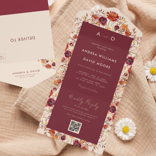 Invitation Tout En Un Automne Fleur sauvage Automne QR Code RSVP Mariage