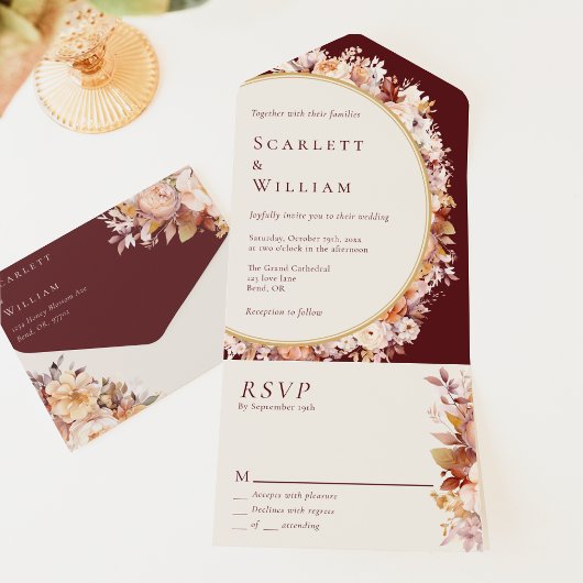 Invitation Tout En Un Automne Floral Bourgogne Crème simple Mariage RSVP