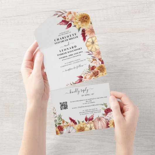 Invitation Tout En Un Automne Floral Mariage Qr code Rsvp (Déchirure)