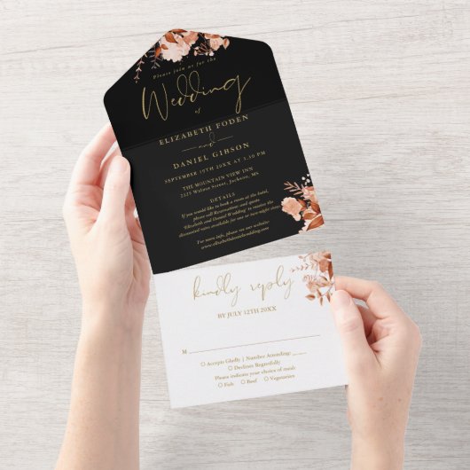 Invitation Tout En Un Automne Floral Noir et Or Détails Mariage RSVP (Déchirure)