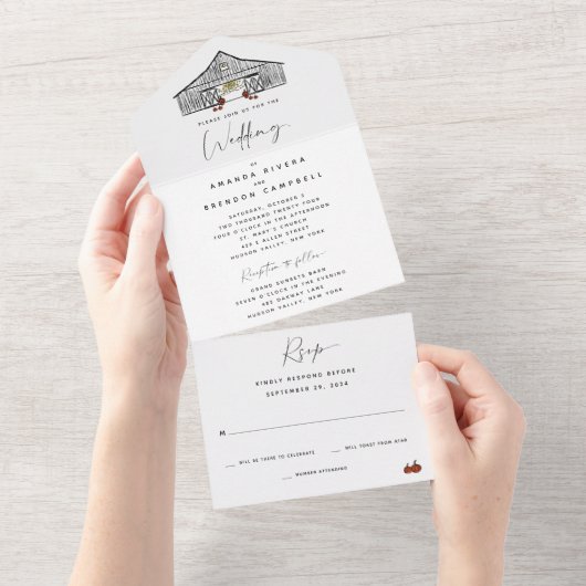 Invitation Tout En Un Automne Grange | Cérémonie et Mariage de réception (Déchirure)