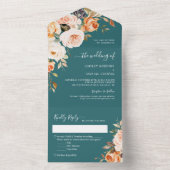 Invitation Tout En Un Automne Mariage foncé Turquoise or Feuilles Floral (À l'intérieur)