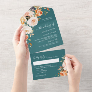 Invitation Tout En Un Automne Mariage foncé Turquoise or Feuilles Floral