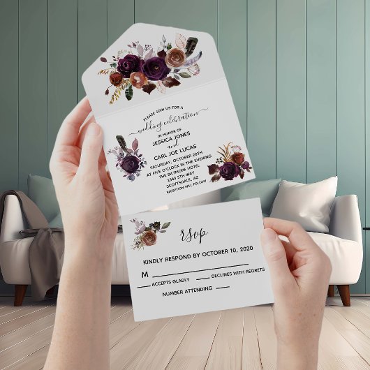 Invitation Tout En Un Automne Plum Purple Boho automne Elégante aquarell
