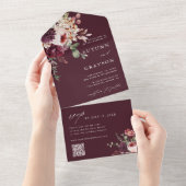 Invitation Tout En Un Automne Romance Bourgogne Floral Mariage QR Code (Déchirure)