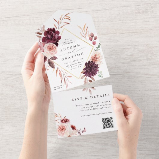 Invitation Tout En Un Automne Romance Gold Mariage géométrique QR Code (Déchirure)