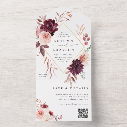 Invitation Tout En Un Automne Romance Gold Mariage géométrique QR Code (À l'intérieur)