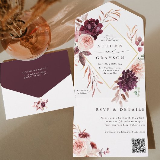 Invitation Tout En Un Automne Romance Gold Mariage géométrique QR Code