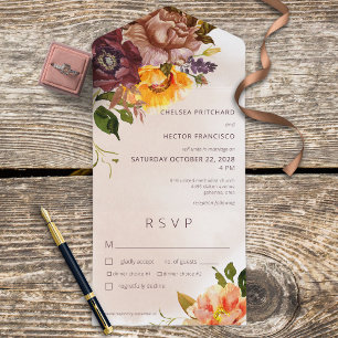 Invitation Tout En Un Automne rustique Bourgogne & Fleurs jaunes et bron