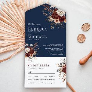 Invitation Tout En Un Automne Rustique Bourgogne Floral Bleu Marine Mari