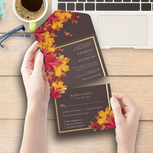 Invitation Tout En Un Automne Woody Brown & Elegant Golden Frame Mariage