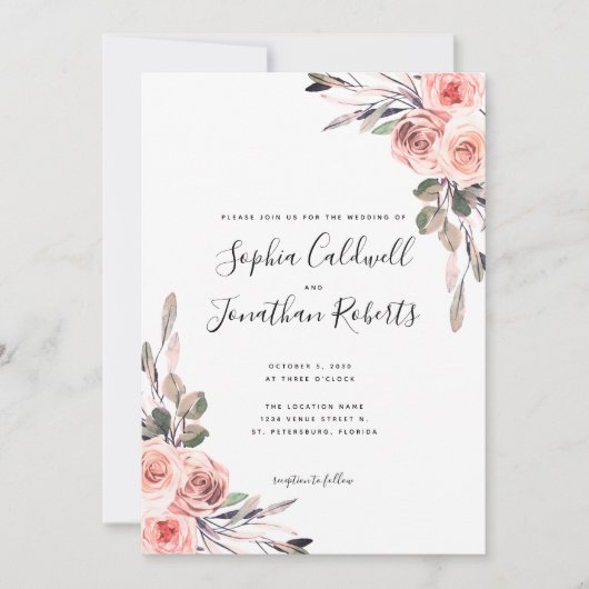 Invitation Tout en un avec détails Blush Rose Roses Mariage (Devant)