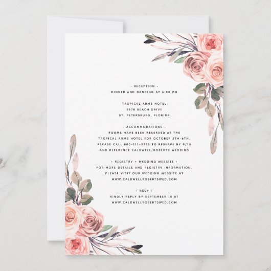 Invitation Tout en un avec détails Blush Rose Roses Mariage (Dos)