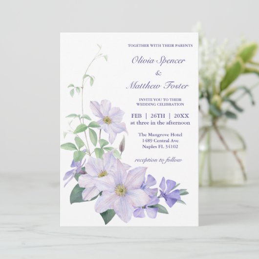 Invitation Tout en un, avec et periwinkle clematis Mariage (Debout devant)