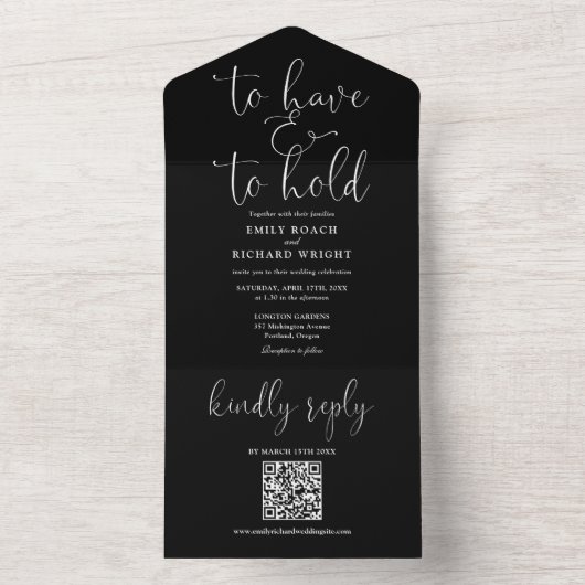 Invitation Tout En Un Avoir Et Tenir Le Code QR Mariage Noir Et Blanc (À l'intérieur)