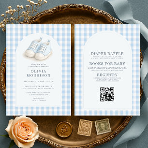 Invitation Tout en Un Baby Shower à carreaux bleus pour Bébé