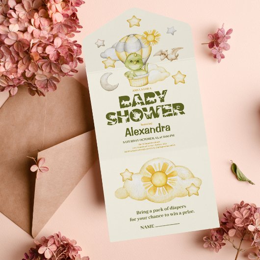 Invitation Tout En Un Baby shower à thème Dinosaur