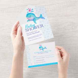 Invitation Tout En Un Baby shower aquarelle baleine bleu aqua