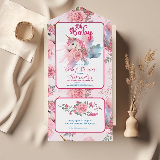 Invitation Tout En Un Baby shower arc-en-ciel magique Unicorn