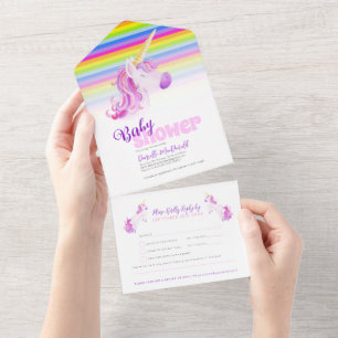 Invitation Tout En Un Baby shower arc-en-ciel unicorne aquarelle