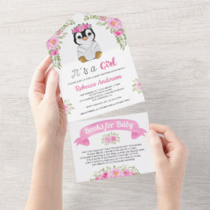 Invitation Tout En Un Baby Shower au Pingouin à l'aquarelle florale rose
