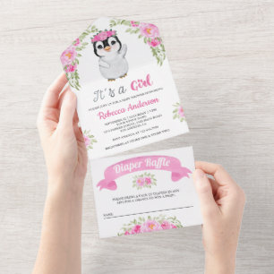 Invitation Tout En Un Baby Shower au Pingouin Floral Aquarelle Rose