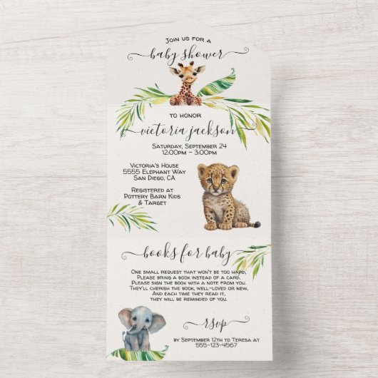 Invitation Tout En Un Baby shower Baby Jungle Safari (À l'intérieur)