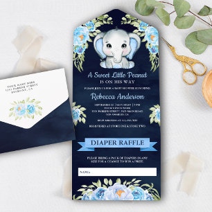 Invitation Tout En Un Baby shower bleu bleu marine Eléphant floral migno