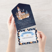 Invitation Tout En Un Baby shower bleu marine rustique (Déchirure)