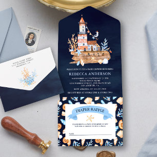 Invitation Tout En Un Baby shower bleu marine rustique