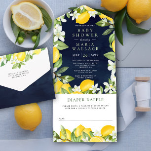 Invitation Tout En Un Baby Shower Bleu Nuit Verger Citron Agrumes Rustiq