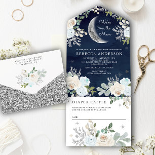 Invitation Tout En Un Baby Shower Bleu Poussiéreux Fleurs d'Ivoire Bohèm