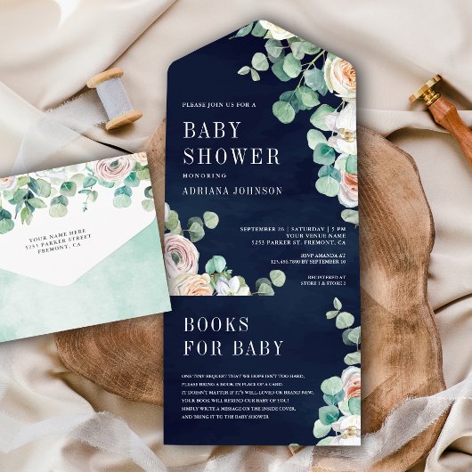Invitation Tout En Un Baby shower bleu Russe Rose Eucalyptus Navy