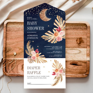 Invitation Tout En Un Baby Shower Bohème Lune Florale Terne Navy