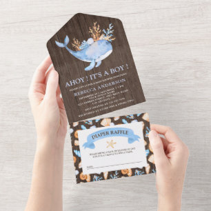Invitation Tout En Un Baby Shower Bois Baleine Bleue Nautique Rustique