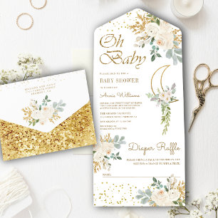 Invitation Tout En Un Baby Shower Croissant de Lune Bohème Ivoire Floral