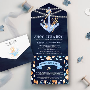Invitation Tout En Un Baby shower d'Ancres nautiques bleu marine