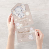 Invitation Tout En Un Baby shower d'aquarelle de bébé éléphant (Déchirure)