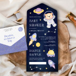 Invitation Tout En Un Baby shower d'astronaute de l'ours en peluche bleu<br><div class="desc">Éblouissez vos invités avec cet invitation de baby shower à thème spatial moderne avec un mignon ours en peluche en costume astronaute et typographie moderne avec carte de tirage de couche détachable. Ajoutez simplement les détails de votre événement sur ce modèle facile à utiliser pour en faire une invitation unique....</div>
