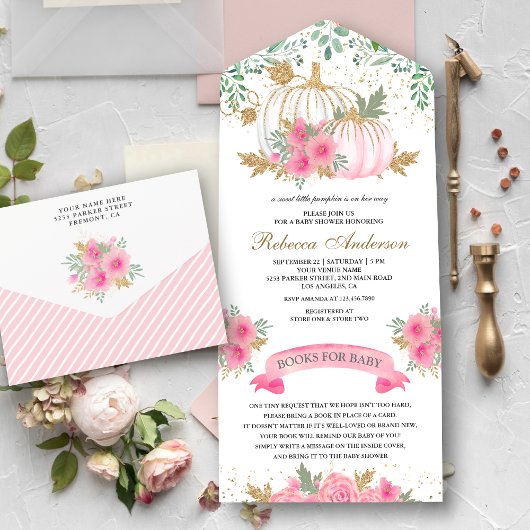 Invitation Tout En Un Baby shower de Citrouille Rustique rose et or