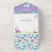 Invitation Tout En Un Baby shower de dinosaure violet rustique (Dehors)