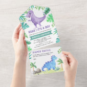 Invitation Tout En Un Baby shower de dinosaure violet rustique (Déchirure)