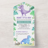 Invitation Tout En Un Baby shower de dinosaure violet rustique (À l'intérieur)