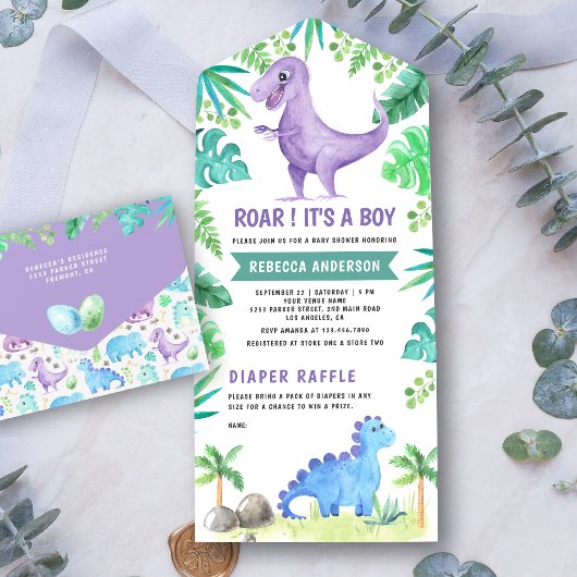 Invitation Tout En Un Baby shower de dinosaure violet rustique